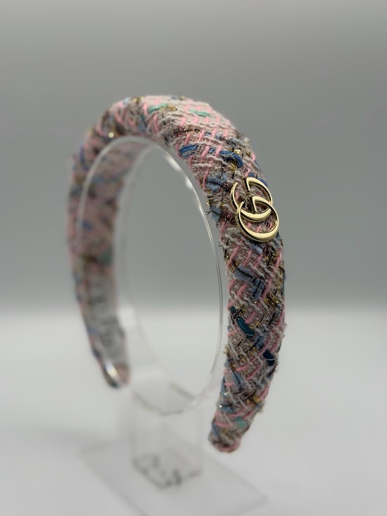 Upcycled Accessories - Padded Pink Multicolor Tweed Headband with Gold Accent